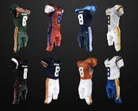 a collection of football uniforms on a black background