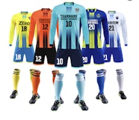 a set of soccer uniforms with different colors and numbers
